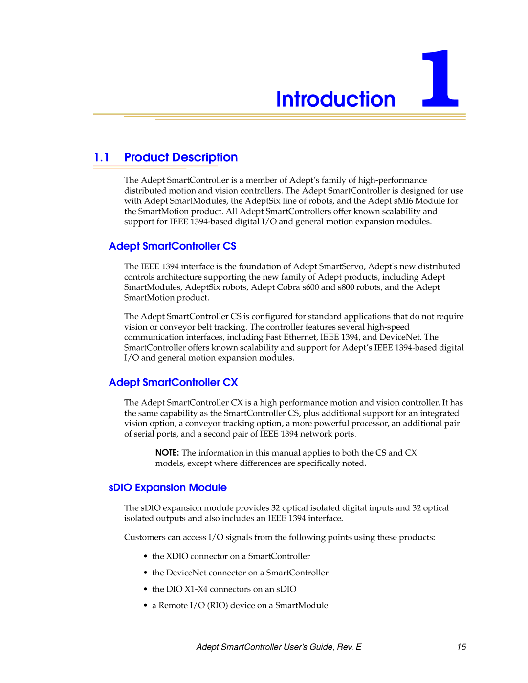 Nortech Systems XSYS, XUSR manual Introduction, Product Description, Adept SmartController CS, Adept SmartController CX 