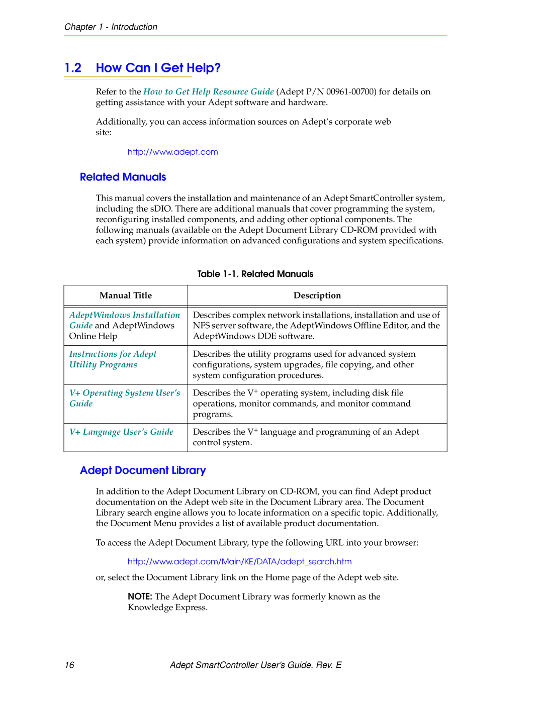 Nortech Systems XUSR How Can I Get Help?, Related Manuals, Adept Document Library, Introduction, Manual Title Description 