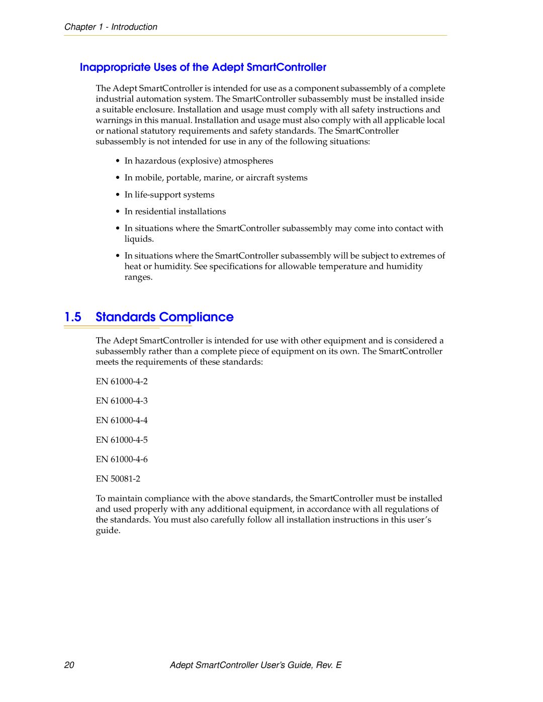 Nortech Systems XUSR, RS-232/TERM, RS-422/485, XSYS Standards Compliance, Inappropriate Uses of the Adept SmartController 