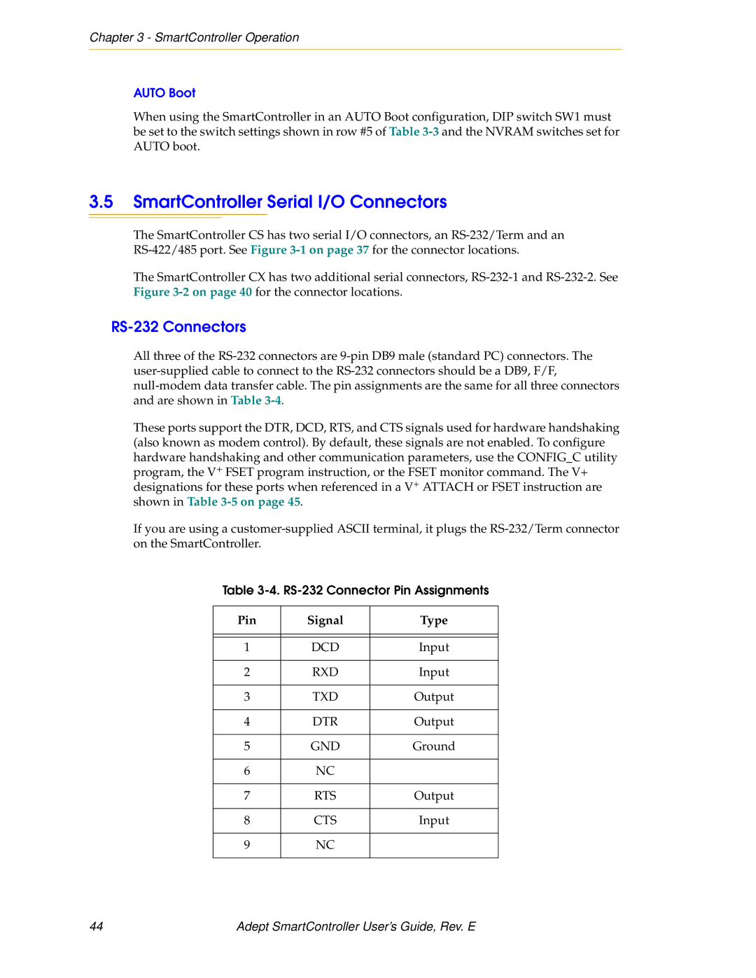 Nortech Systems XUSR, RS-232/TERM SmartController Serial I/O Connectors, RS-232 Connectors, Auto Boot, Pin Signal Type 