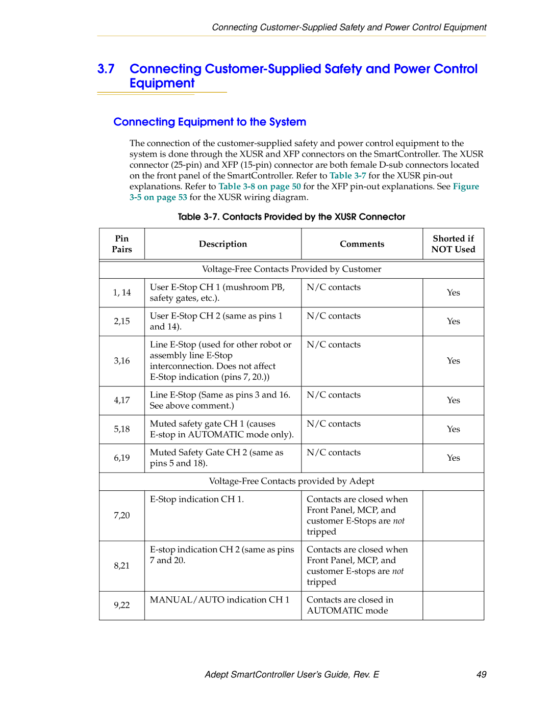 Nortech Systems RS-232/TERM, XUSR Connecting Equipment to the System, Pin Description Comments Shorted if Pairs Not Used 