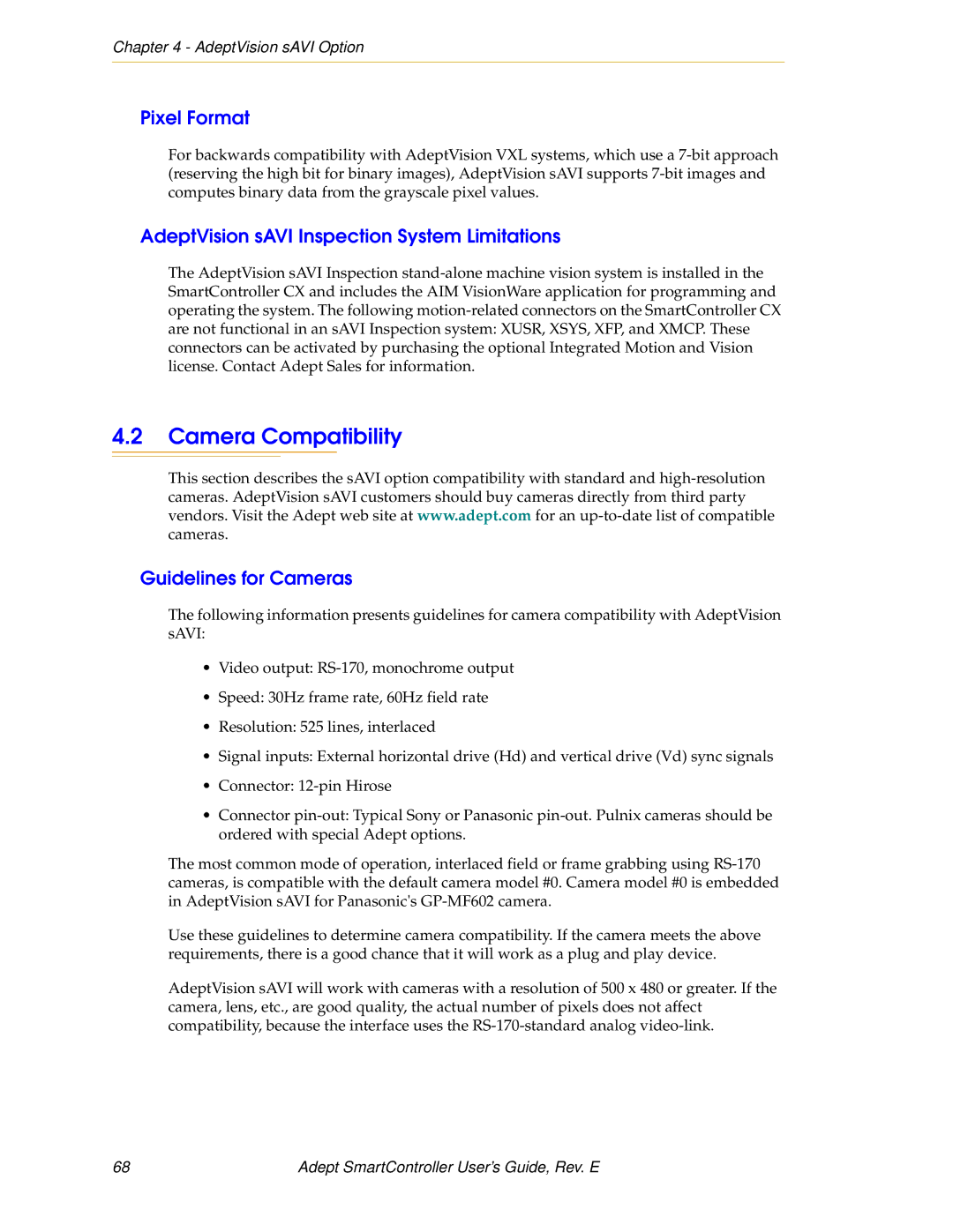 Nortech Systems XUSR, RS-232/TERM, XSYS Camera Compatibility, Pixel Format, AdeptVision sAVI Inspection System Limitations 