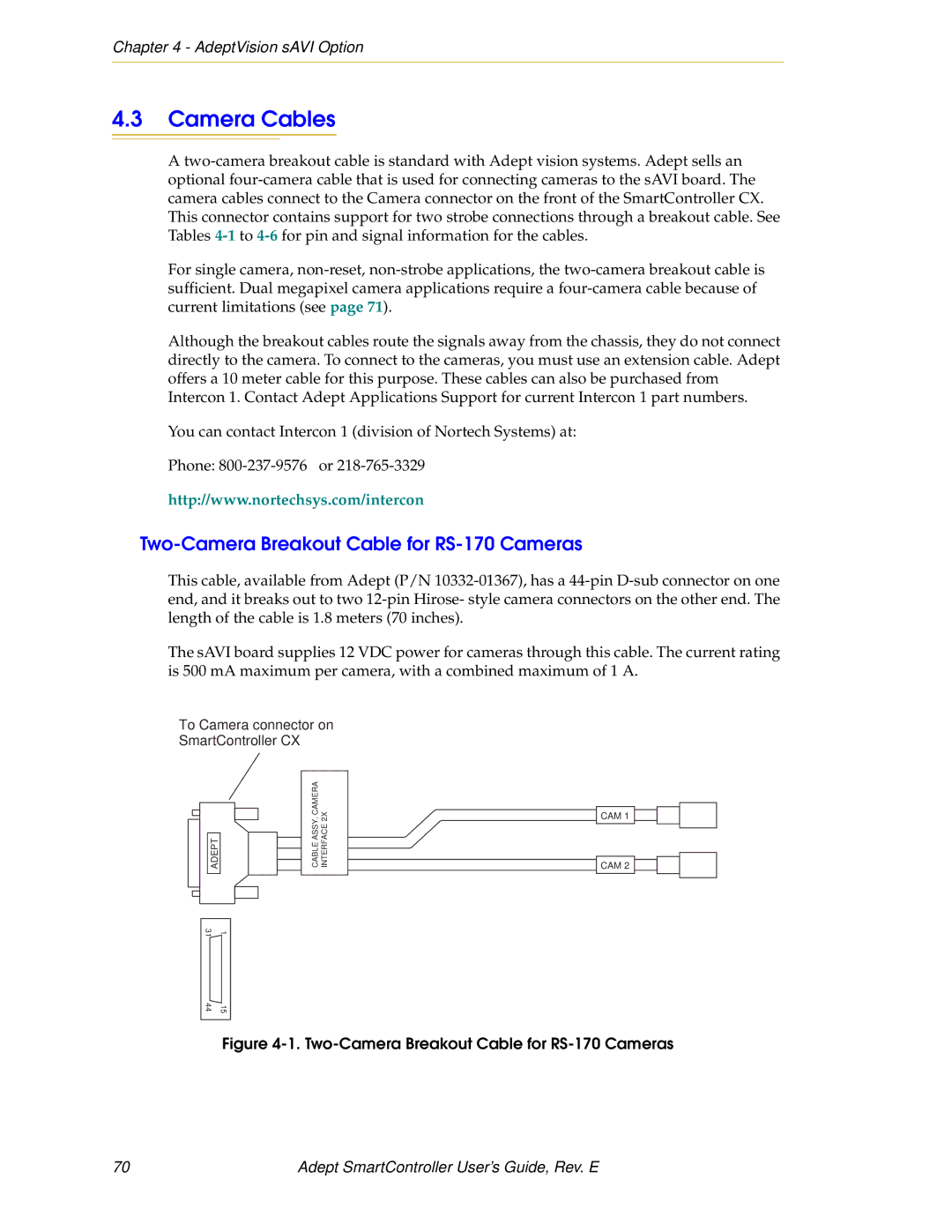 Nortech Systems RS-422/485, XUSR, RS-232/TERM, XSYS manual Camera Cables, Two-Camera Breakout Cable for RS-170 Cameras 