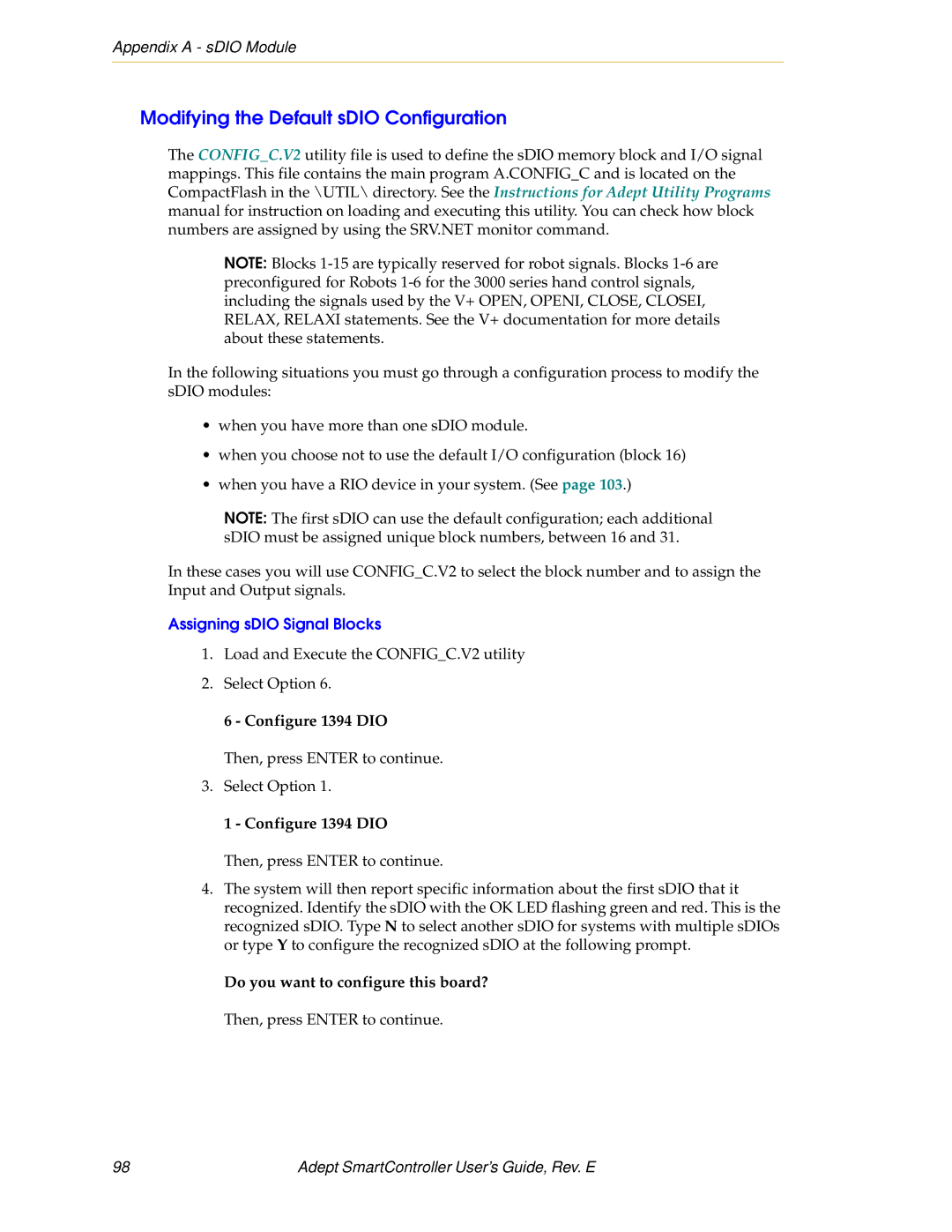 Nortech Systems RS-422/485 Modifying the Default sDIO Configuration, Assigning sDIO Signal Blocks, Configure 1394 DIO 