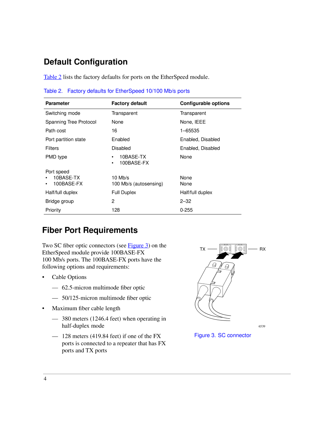 Nortel Networks 00BASE-FX Default Conﬁguration, Fiber Port Requirements, Factory defaults for EtherSpeed 10/100 Mb/s ports 