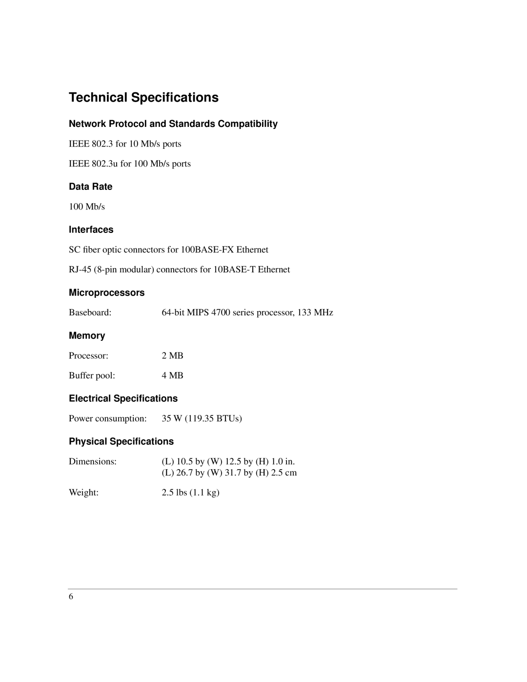 Nortel Networks 00BASE-FX manual Technical Speciﬁcations, Interfaces 