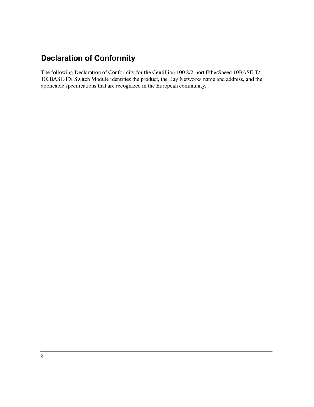 Nortel Networks 00BASE-FX manual Declaration of Conformity 