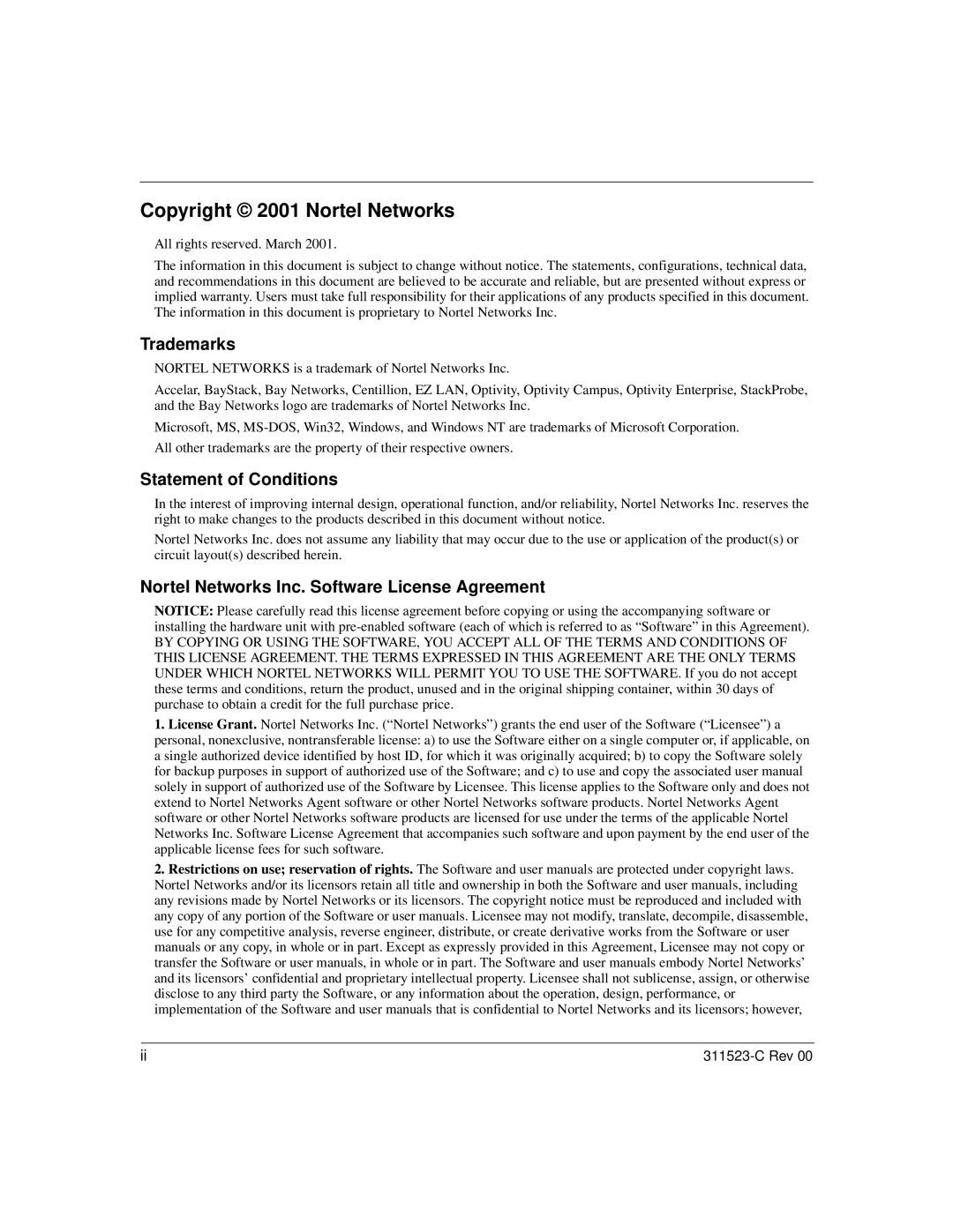 Nortel Networks 100 manual Copyright 2001 Nortel Networks, Trademarks 