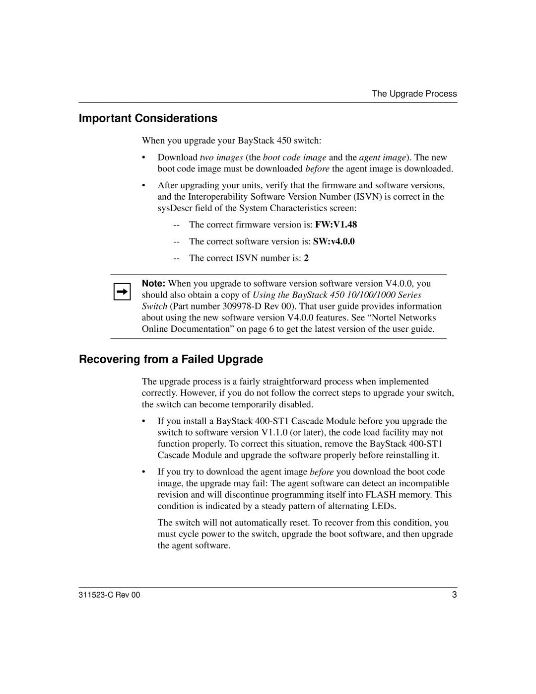 Nortel Networks 100 manual Important Considerations, Recovering from a Failed Upgrade 