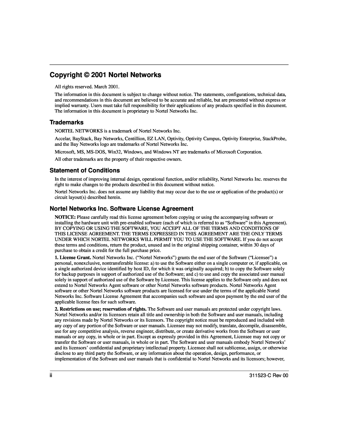 Nortel Networks 100 manual Copyright 2001 Nortel Networks, Trademarks, Statement of Conditions 