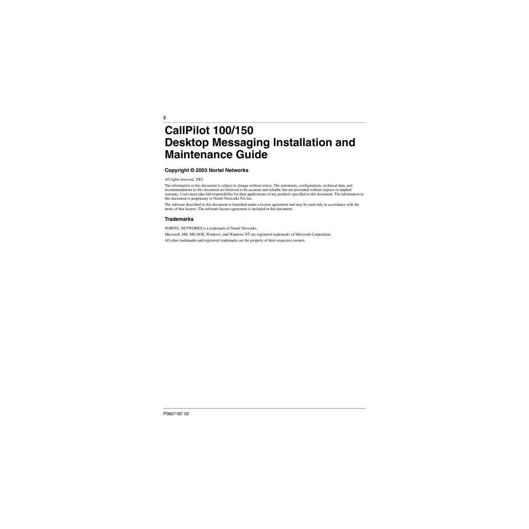 Nortel Networks 100, 150 manual Copyright 2003 Nortel Networks, Trademarks 