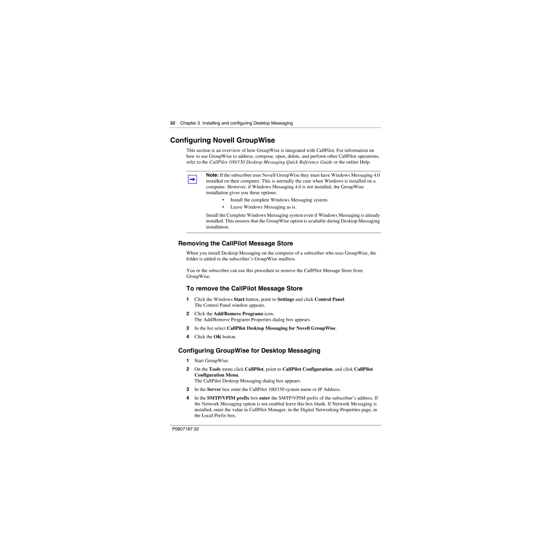 Nortel Networks 100 Configuring Novell GroupWise, Removing the CallPilot Message Store, Click the Add/Remove Programs icon 