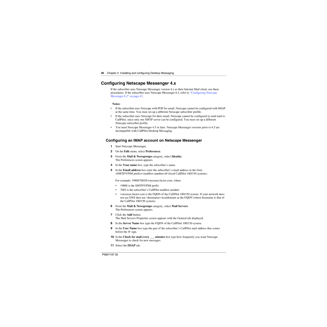 Nortel Networks 100, 150 manual Configuring Netscape Messenger, Configuring an Imap account on Netscape Messenger 