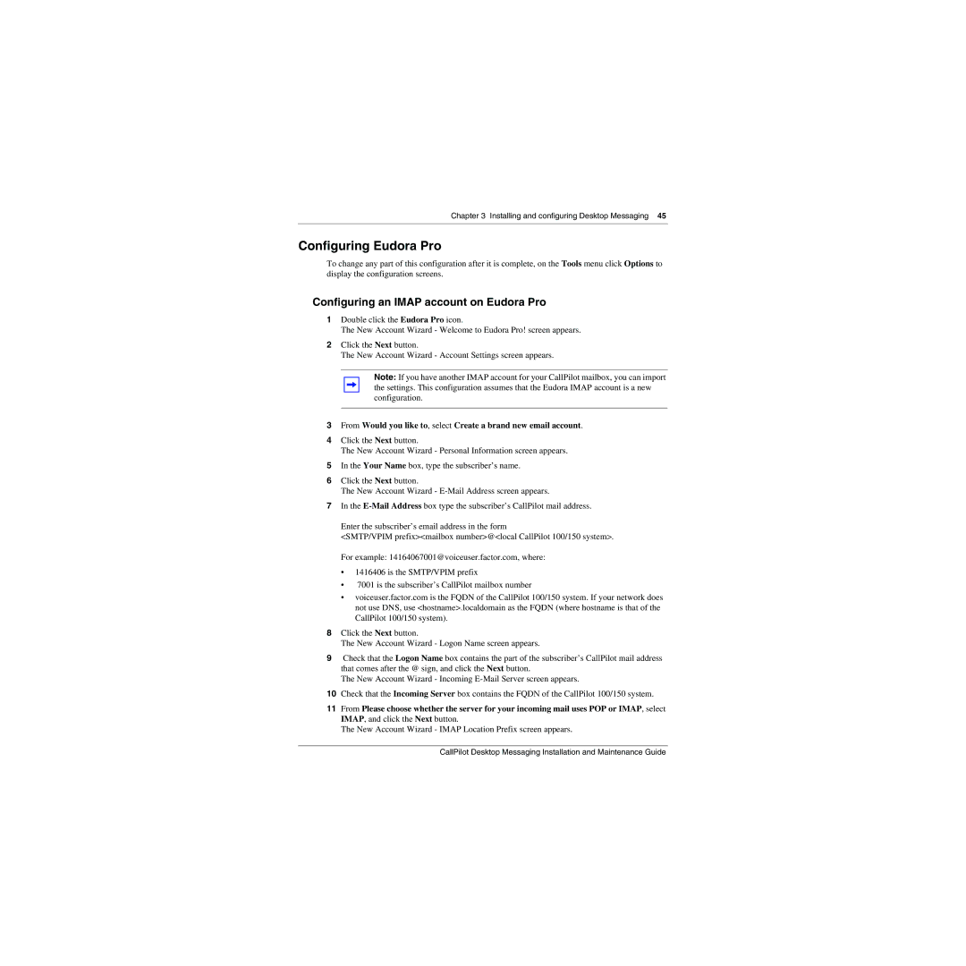 Nortel Networks 150, 100 manual Configuring Eudora Pro, Configuring an Imap account on Eudora Pro 