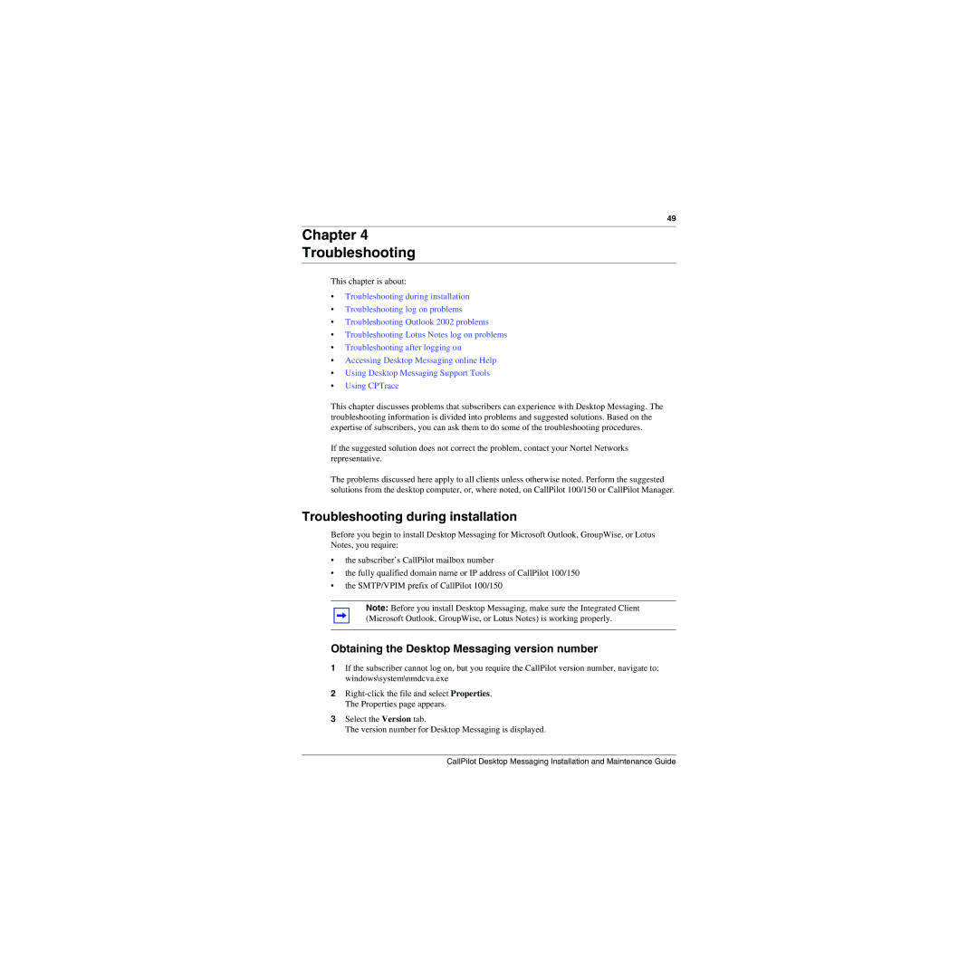 Nortel Networks 150, 100 manual Troubleshooting during installation, Obtaining the Desktop Messaging version number 