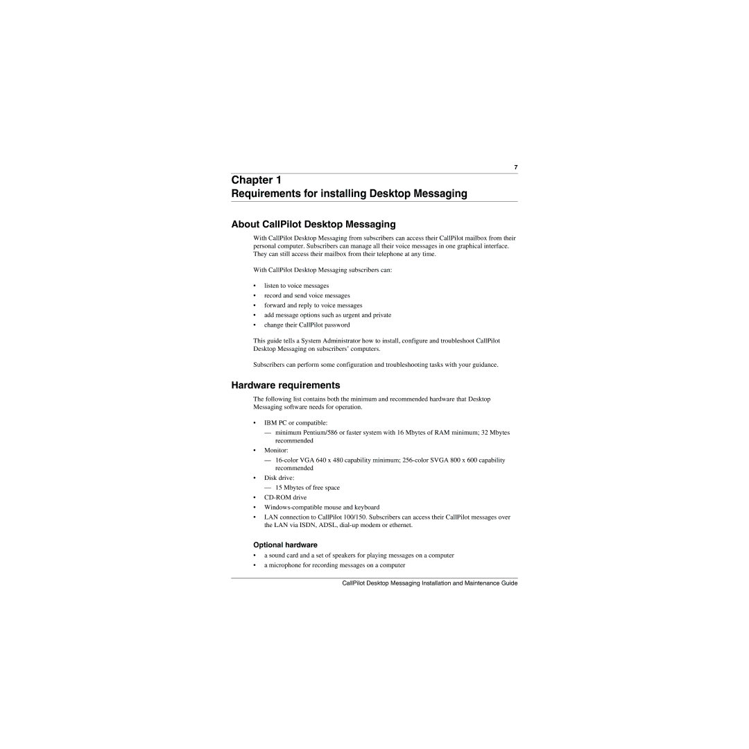 Nortel Networks 150, 100 manual About CallPilot Desktop Messaging, Hardware requirements, Optional hardware 