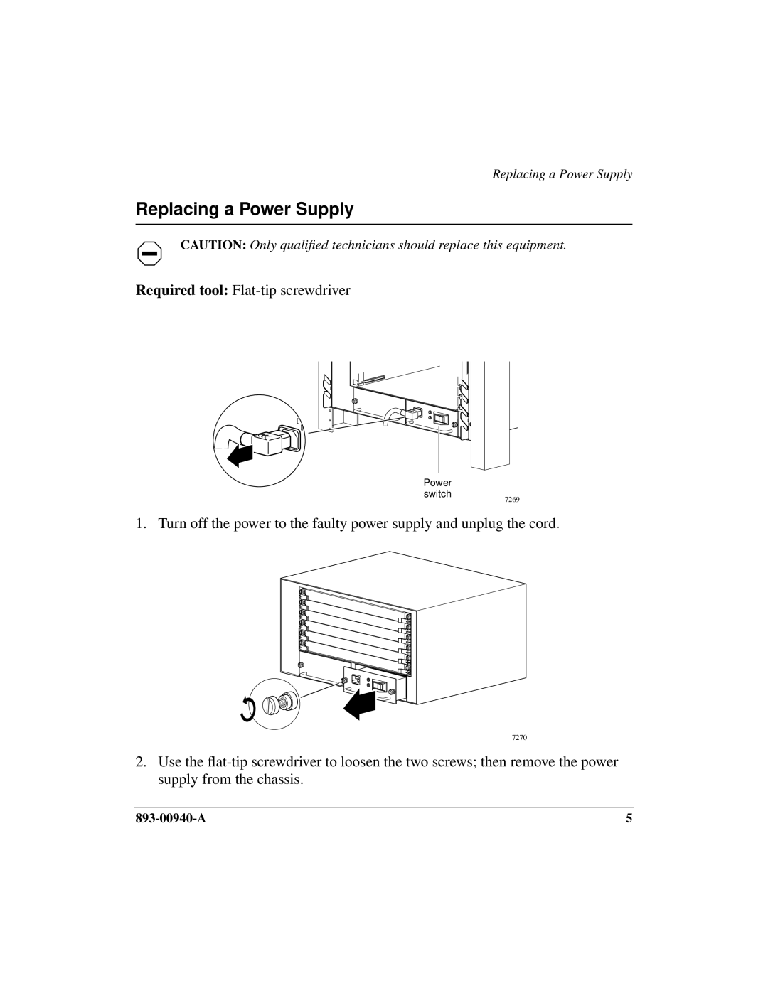 Nortel Networks 100 Chassis manual Replacing a Power Supply 