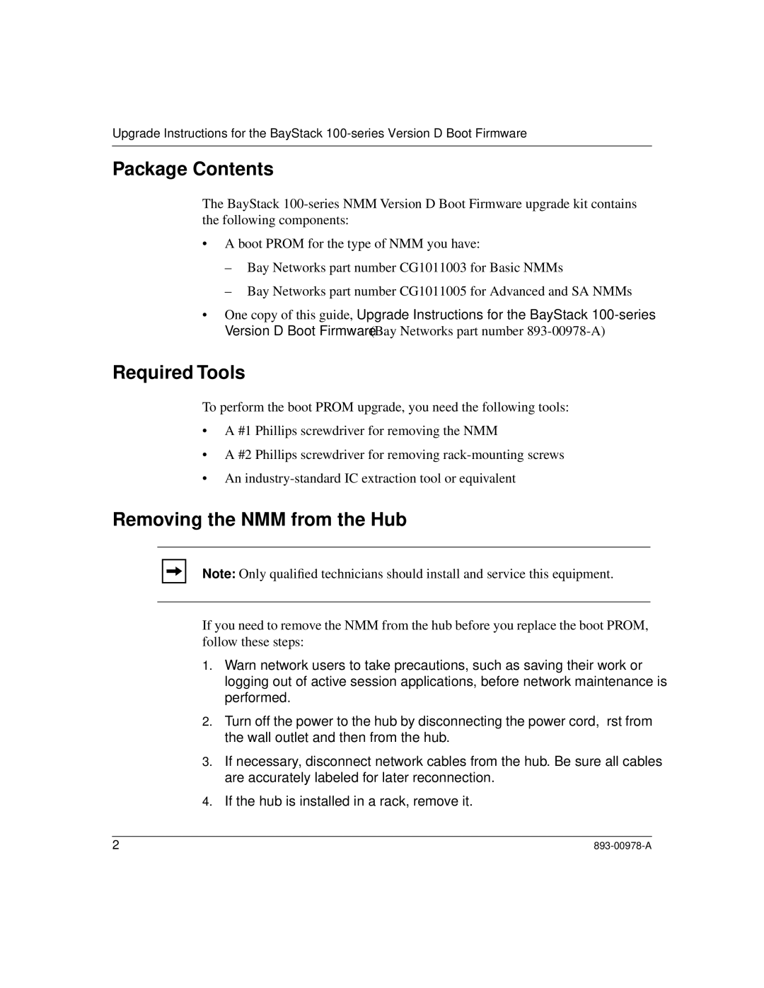 Nortel Networks 100 Series manual Package Contents, Required Tools, Removing the NMM from the Hub 