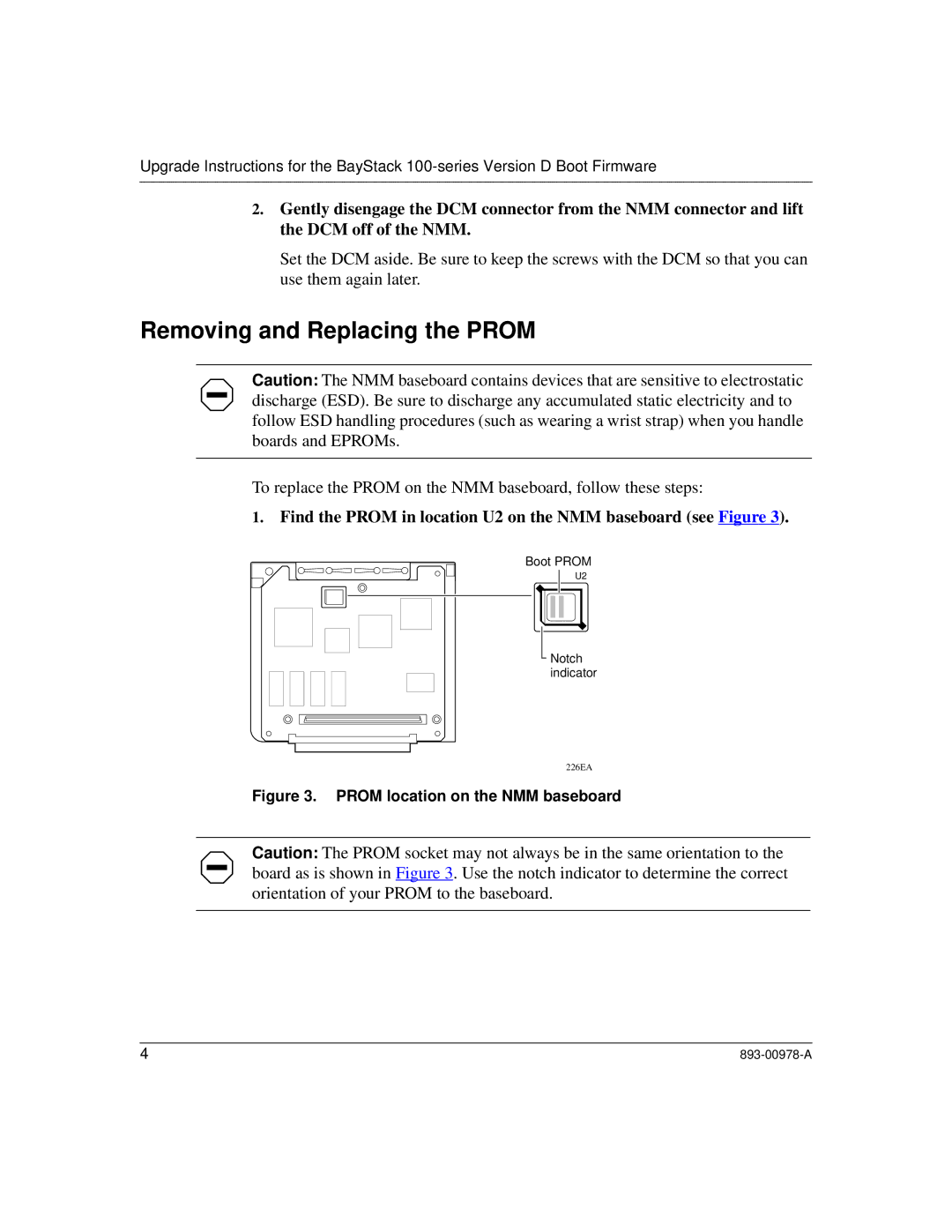 Nortel Networks 100 Series manual Removing and Replacing the Prom, Prom location on the NMM baseboard 