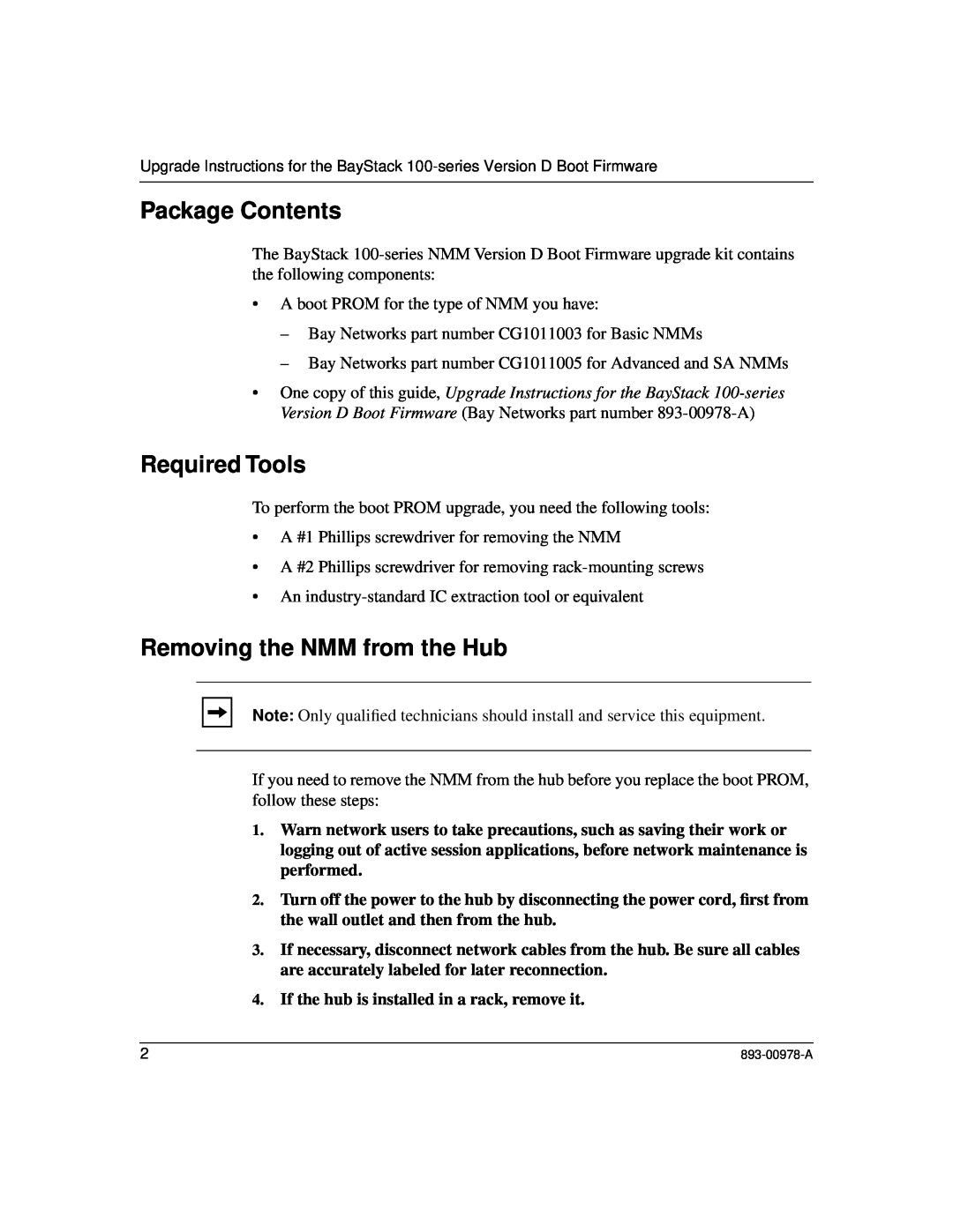 Nortel Networks 100 Series manual Package Contents, Required Tools, Removing the NMM from the Hub 