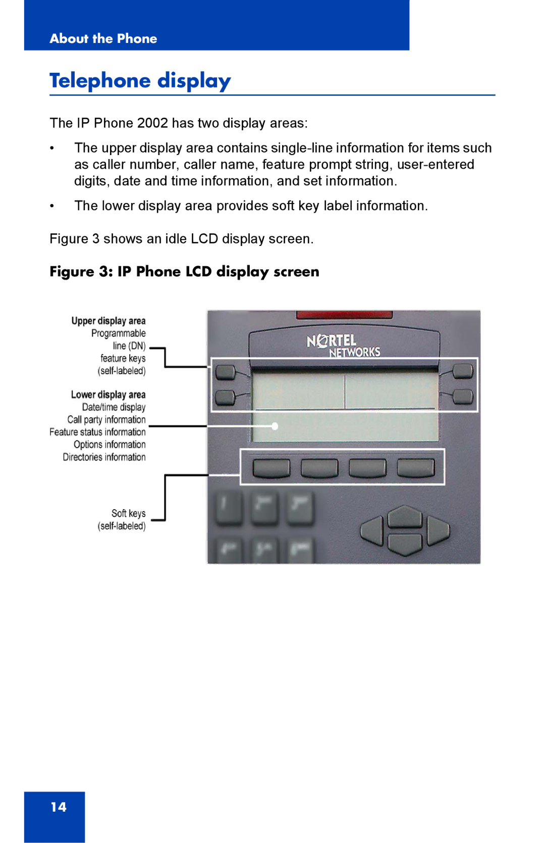 Nortel Networks 1000 manual Telephone display, IP Phone LCD display screen 