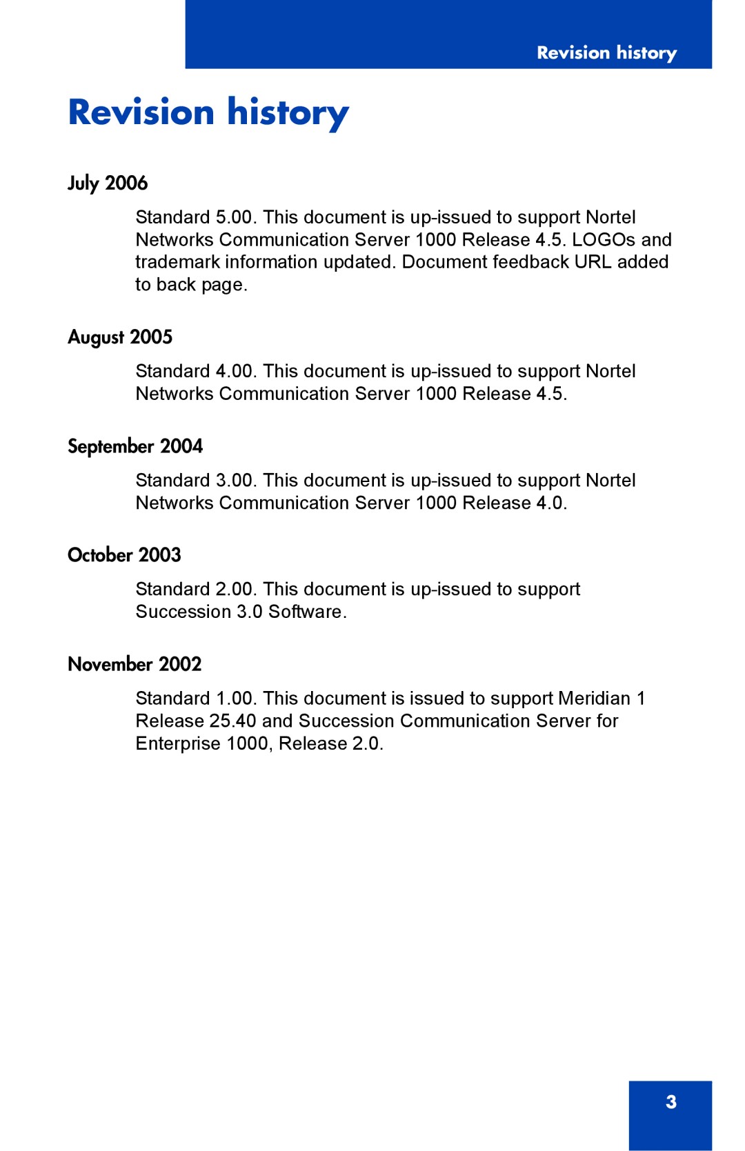 Nortel Networks 1000 manual Revision history 