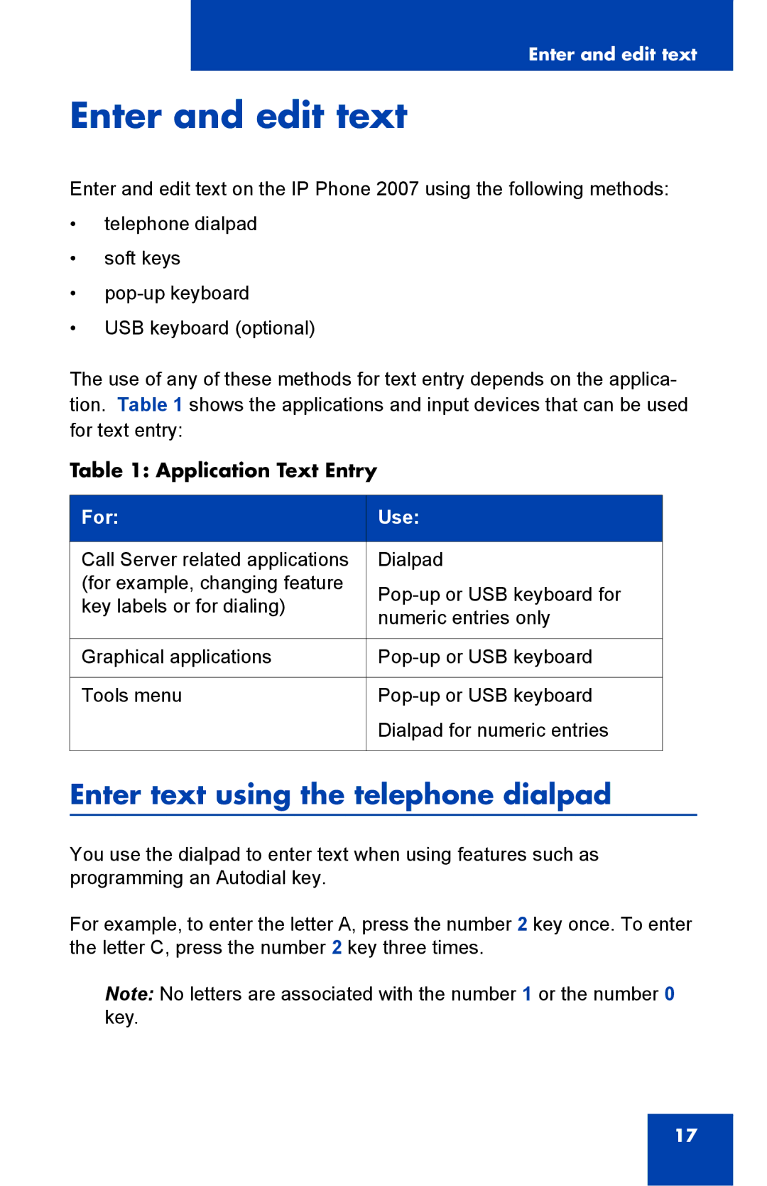 Nortel Networks 1000 manual Enter and edit text, Enter text using the telephone dialpad, Application Text Entry 