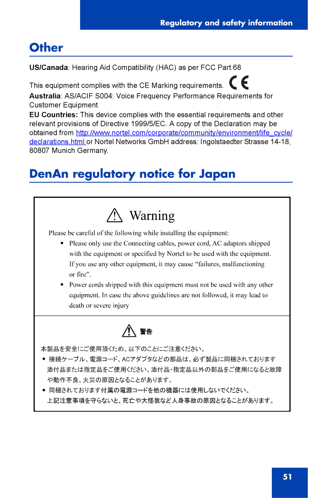 Nortel Networks 1000 manual Other, DenAn regulatory notice for Japan 