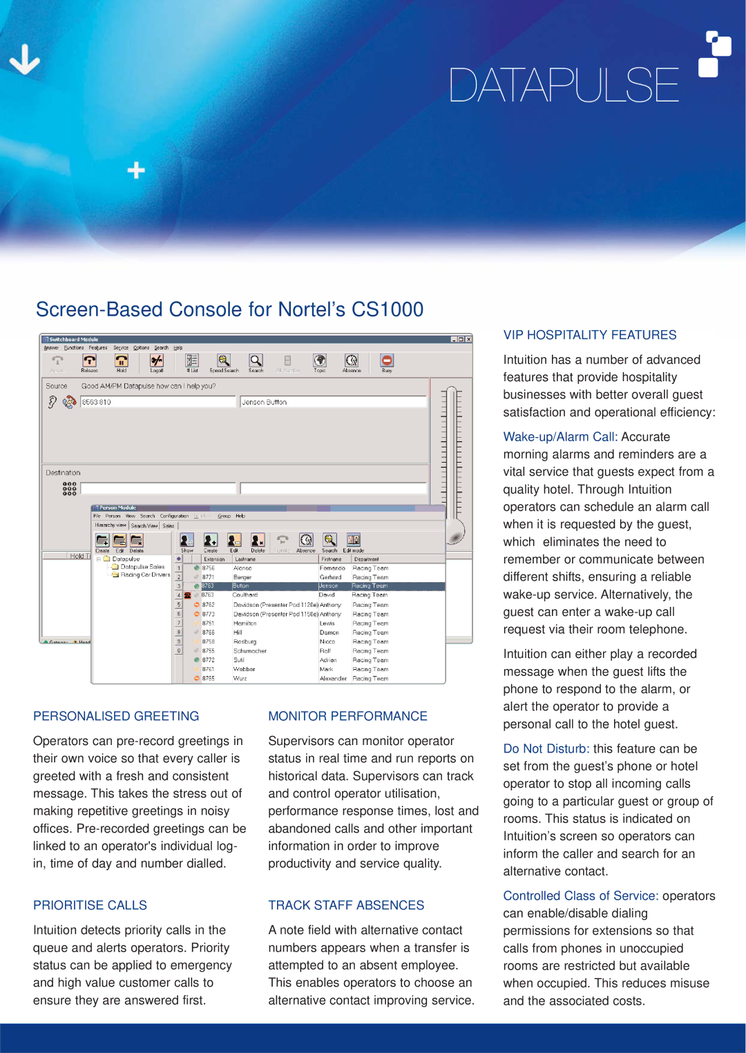 Nortel Networks 1000 manual VIP Hospitality Features, Personalised Greeting, Prioritise Calls, Monitor Performance 