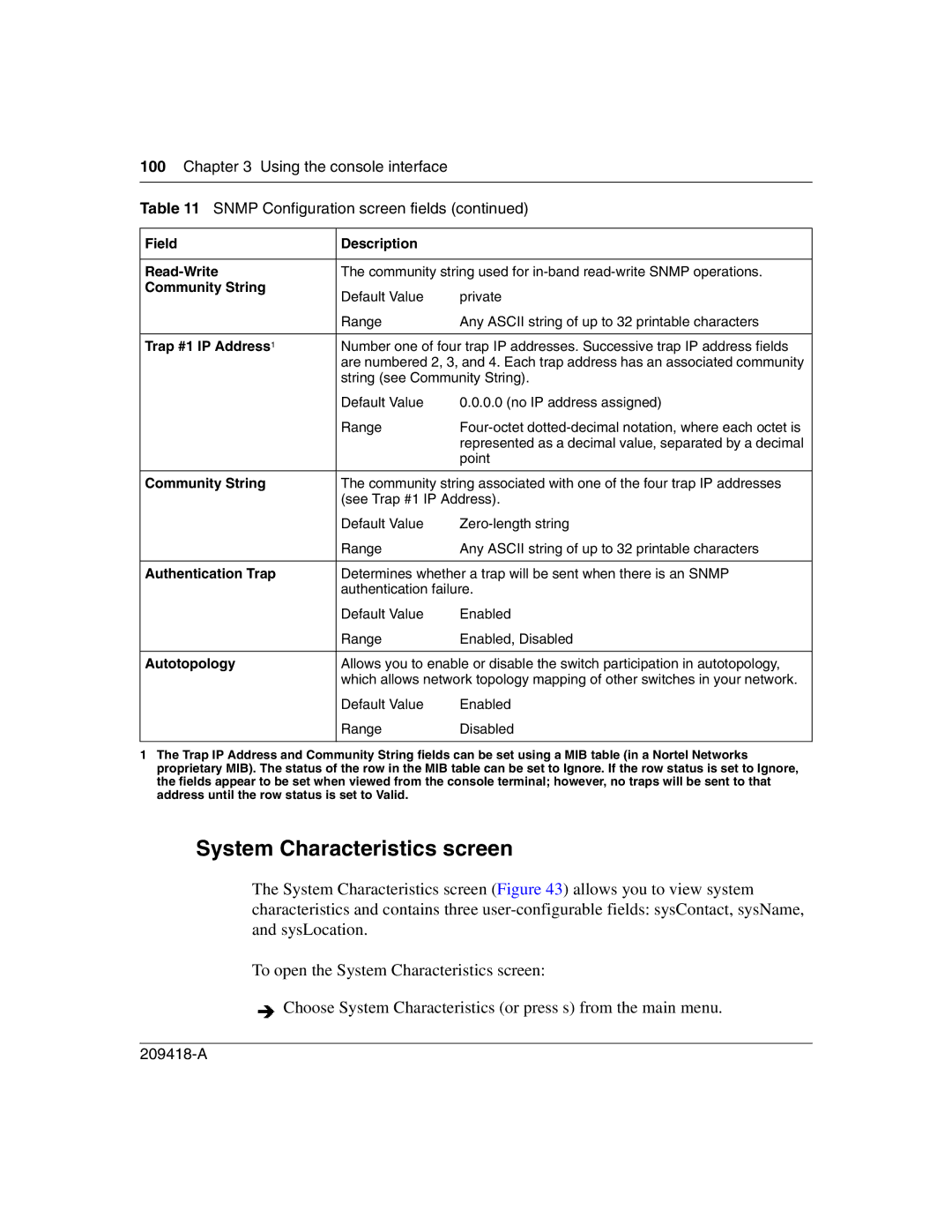 Nortel Networks 1000BASE-SX System Characteristics screen, Field Description Read-Write, Trap #1 IP Address1, Autotopology 