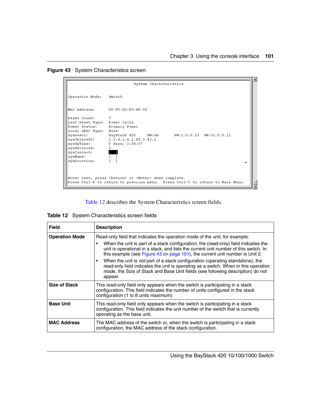 Nortel Networks 1000ASE-XD, 1000BASE-SX, 1000BASE-LX, 1000BASE-ZX manual Describes the System Characteristics screen fields 