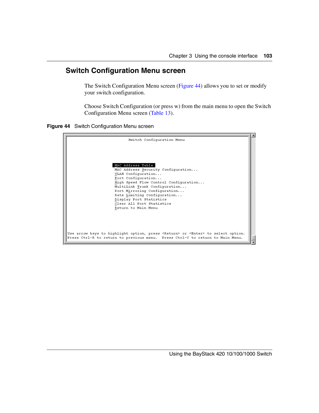 Nortel Networks 1000BASE-ZX, 1000BASE-SX, 1000ASE-XD, 1000BASE-LX manual Switch Configuration Menu screen 