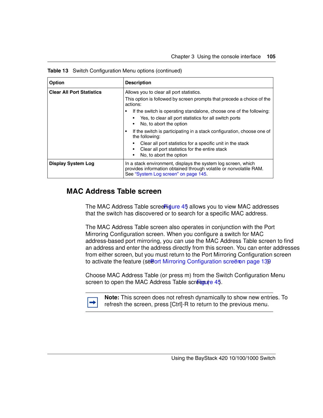 Nortel Networks 1000ASE-XD, 1000BASE-SX, 1000BASE-LX MAC Address Table screen, Option Description Clear All Port Statistics 