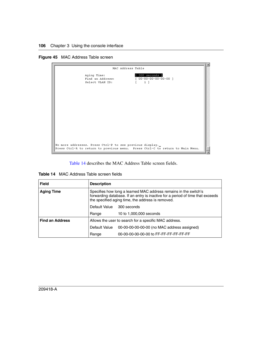 Nortel Networks 1000BASE-LX Describes the MAC Address Table screen fields, Field Description Aging Time, Find an Address 