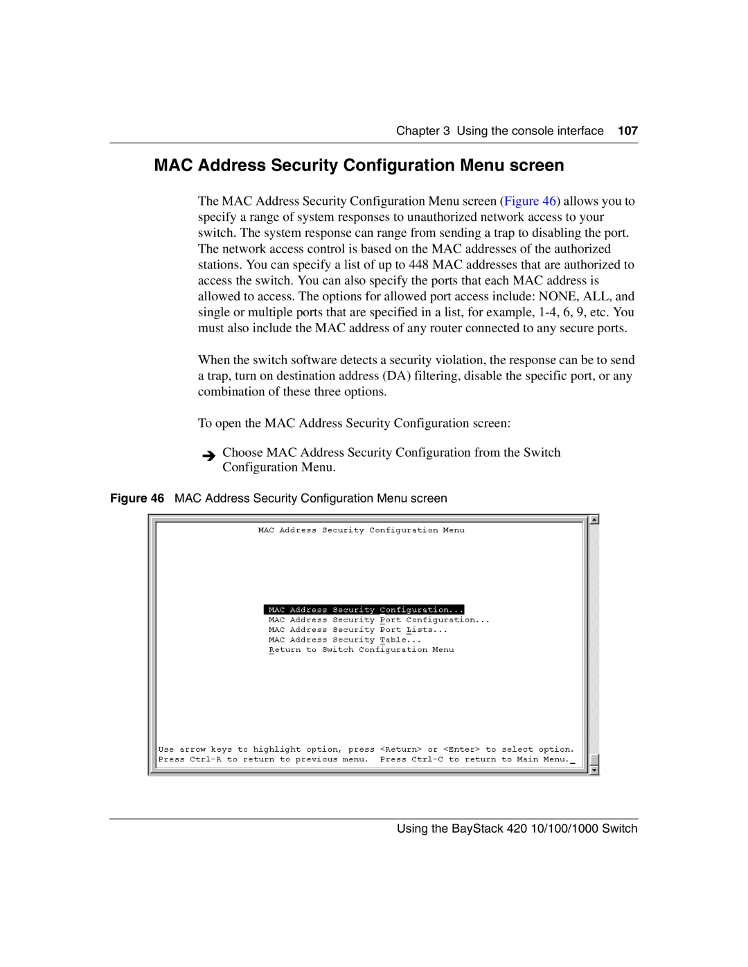 Nortel Networks 1000BASE-ZX, 1000BASE-SX, 1000ASE-XD, 1000BASE-LX manual MAC Address Security Configuration Menu screen 