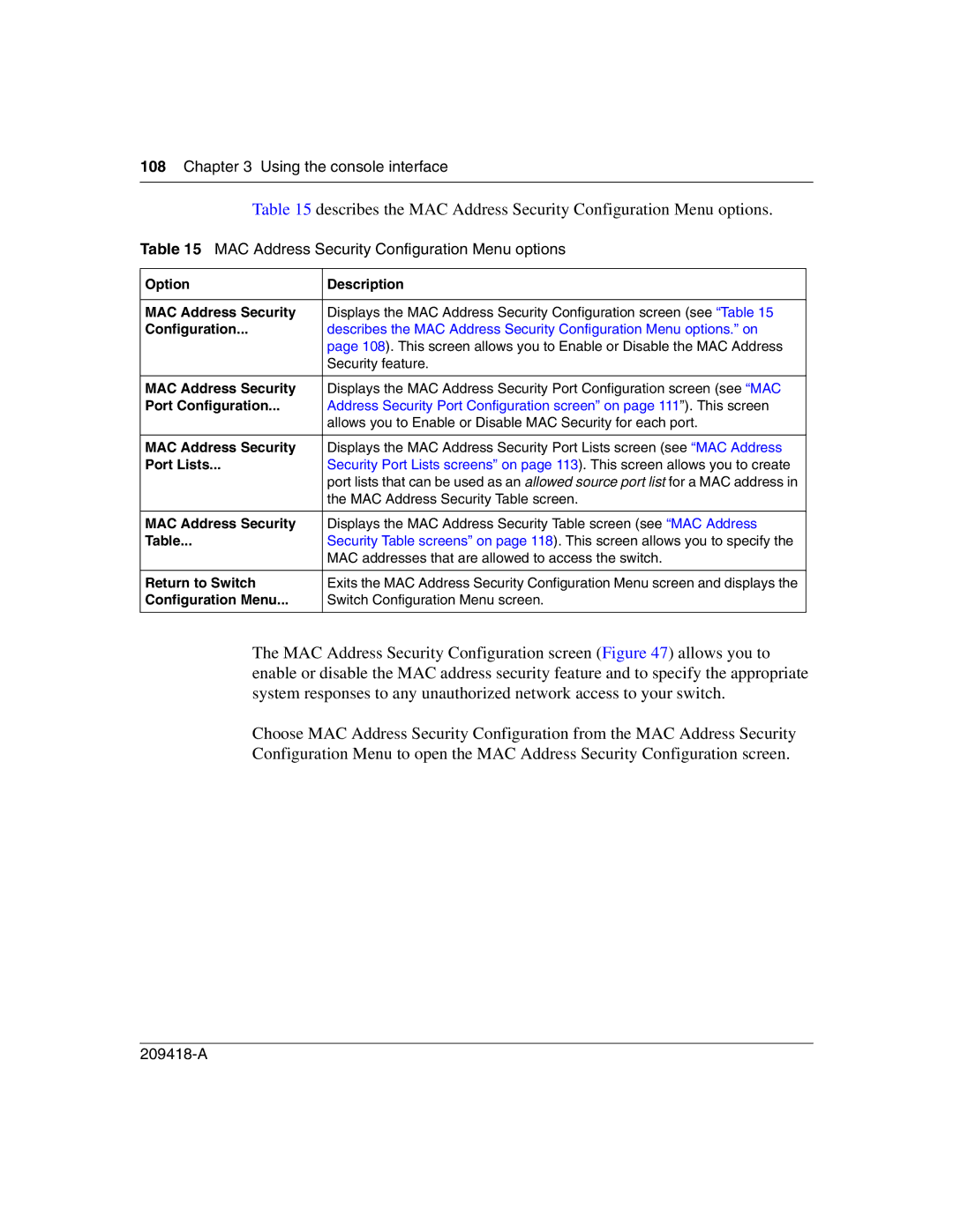 Nortel Networks 1000BASE-SX, 1000ASE-XD, 1000BASE-LX, 1000BASE-ZX manual MAC Address Security Configuration Menu options 