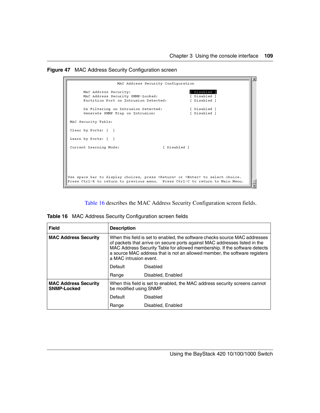 Nortel Networks 1000ASE-XD manual MAC Address Security Configuration screen fields, Field Description MAC Address Security 