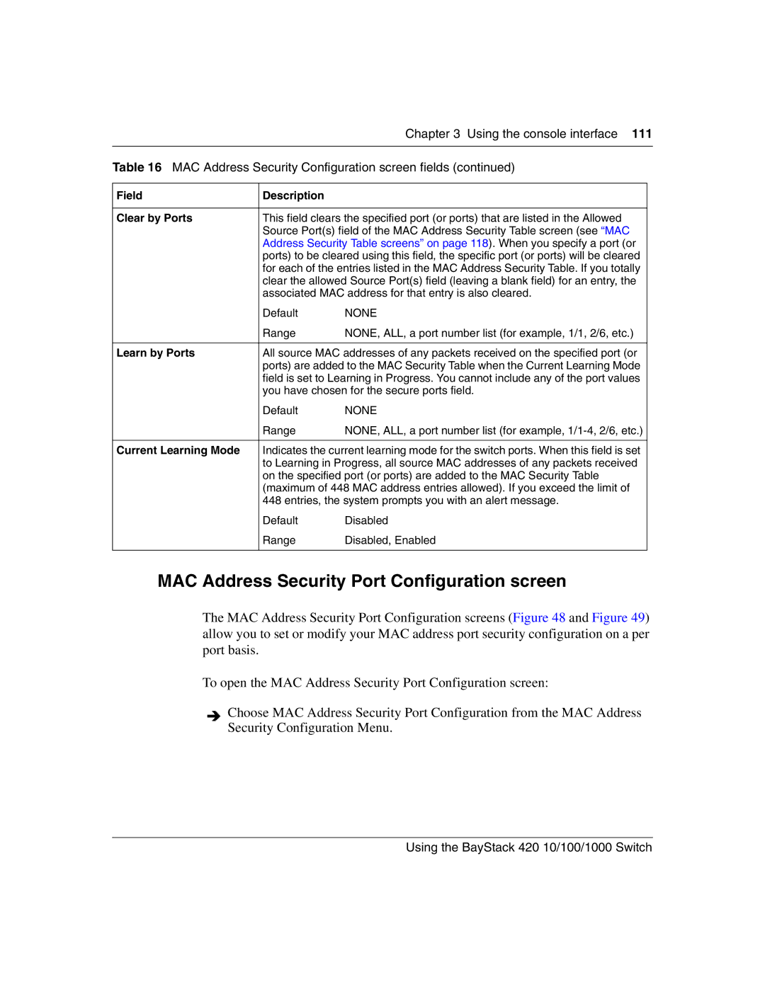 Nortel Networks 1000BASE-ZX, 1000BASE-SX MAC Address Security Port Configuration screen, Field Description Clear by Ports 