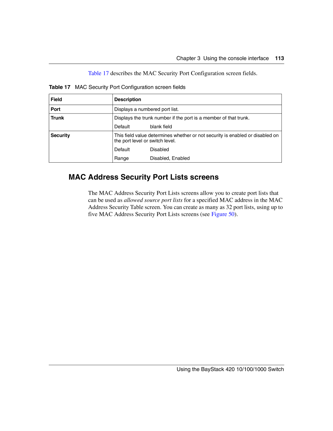 Nortel Networks 1000ASE-XD manual MAC Address Security Port Lists screens, MAC Security Port Configuration screen fields 