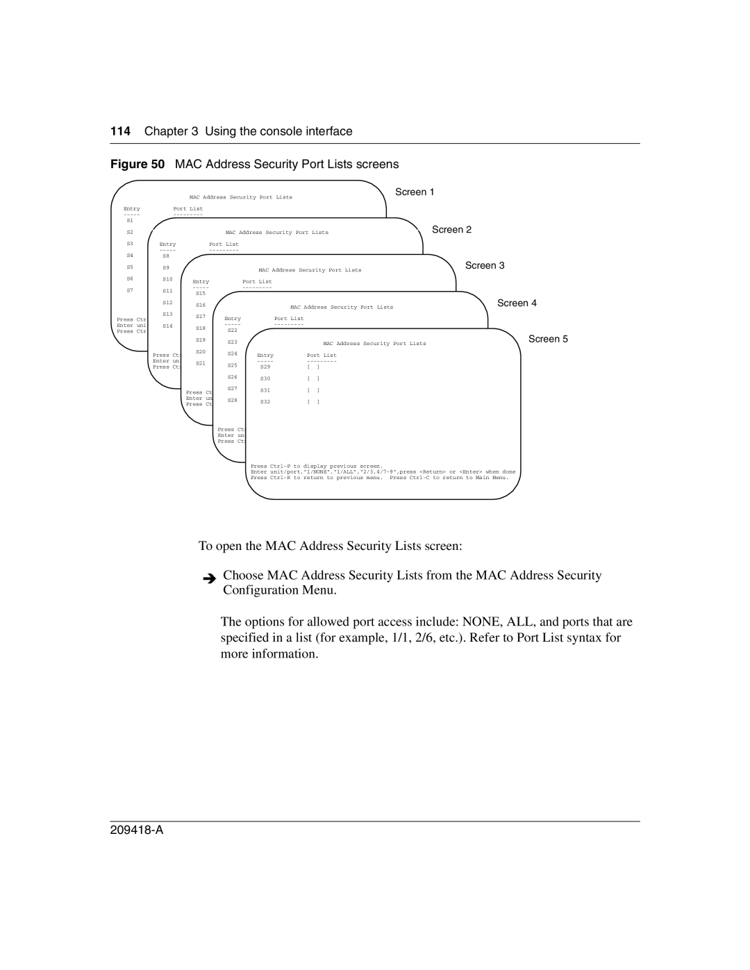 Nortel Networks 1000BASE-LX, 1000BASE-SX, 1000ASE-XD, 1000BASE-ZX manual MAC Address Security Port Lists screens 