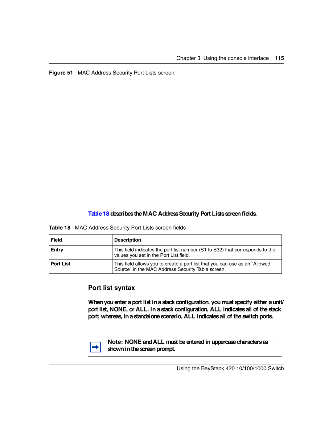 Nortel Networks 1000BASE-ZX, 1000BASE-SX Port list syntax, Describes the MAC Address Security Port Lists screen fields 