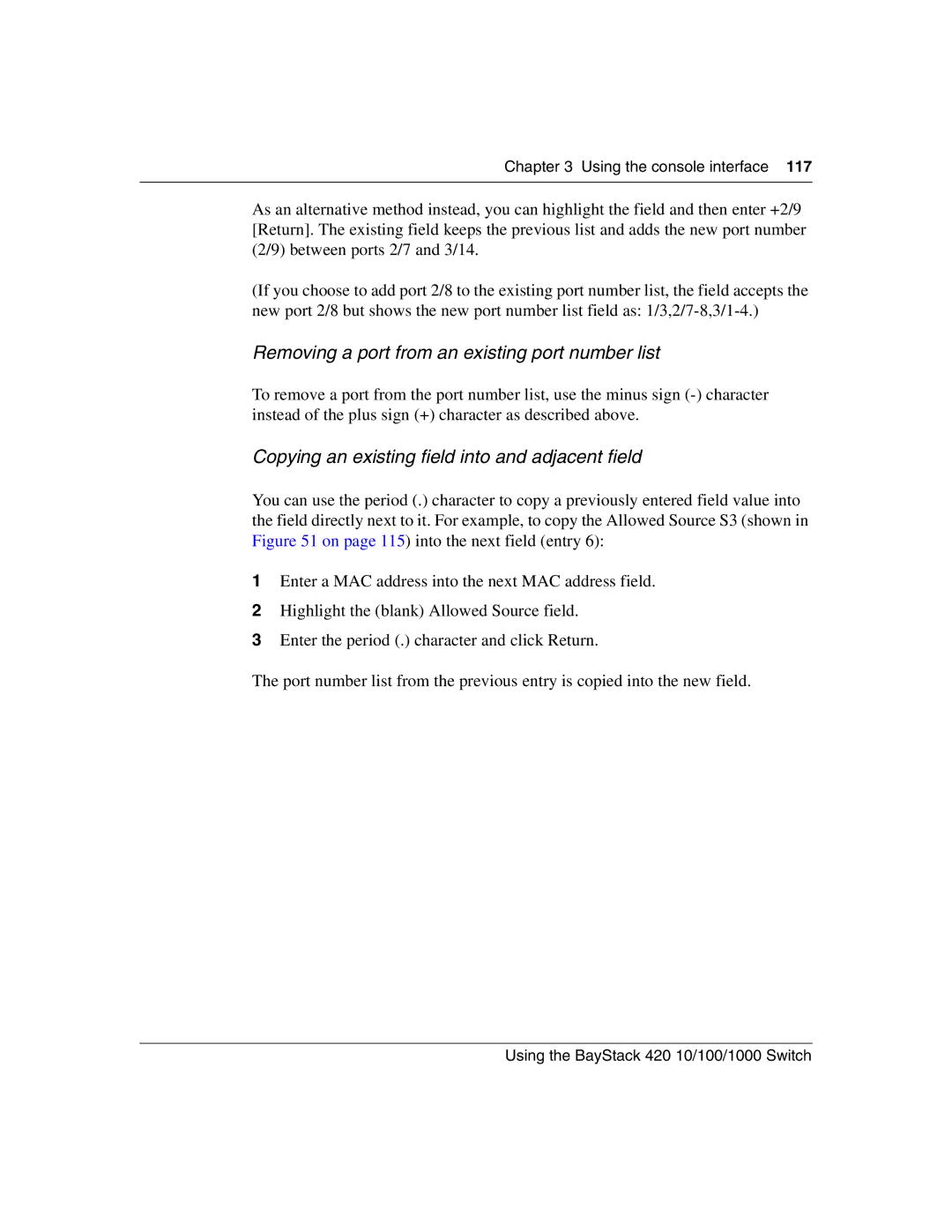 Nortel Networks 1000ASE-XD, 1000BASE-SX, 1000BASE-LX, 1000BASE-ZX manual Removing a port from an existing port number list 