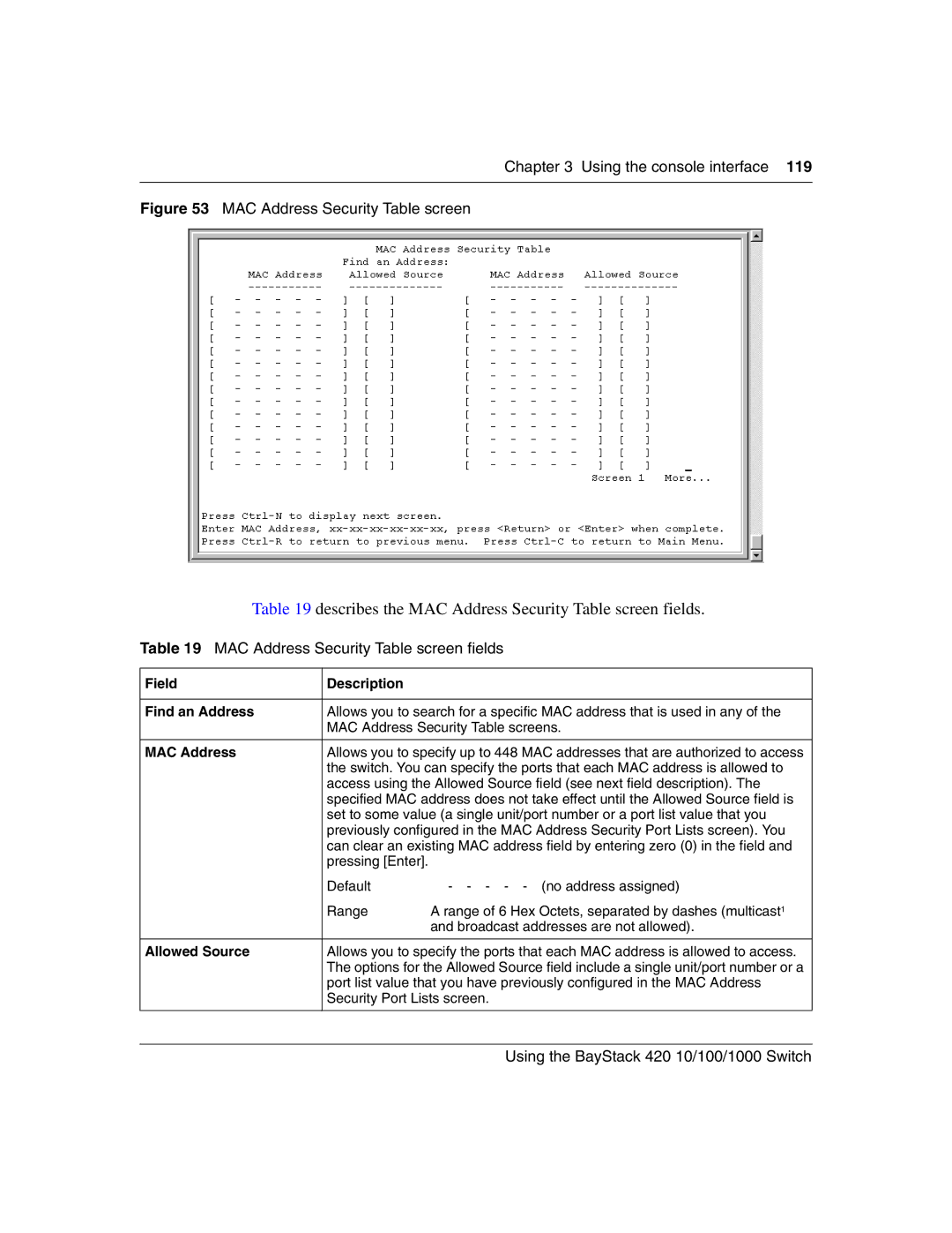 Nortel Networks 1000BASE-ZX Describes the MAC Address Security Table screen fields, Field Description Find an Address 