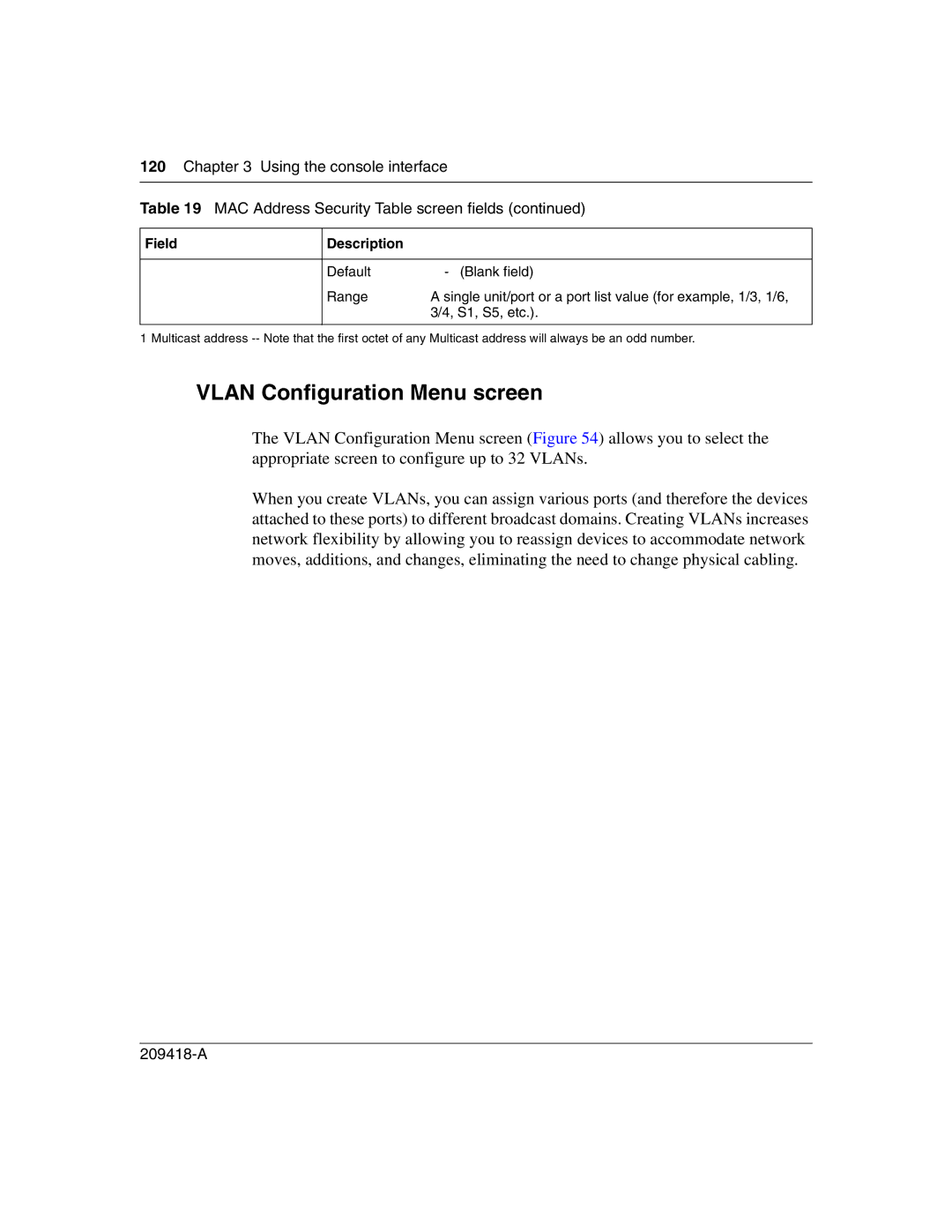 Nortel Networks 1000BASE-SX, 1000ASE-XD, 1000BASE-LX, 1000BASE-ZX manual Vlan Configuration Menu screen, Field Description 