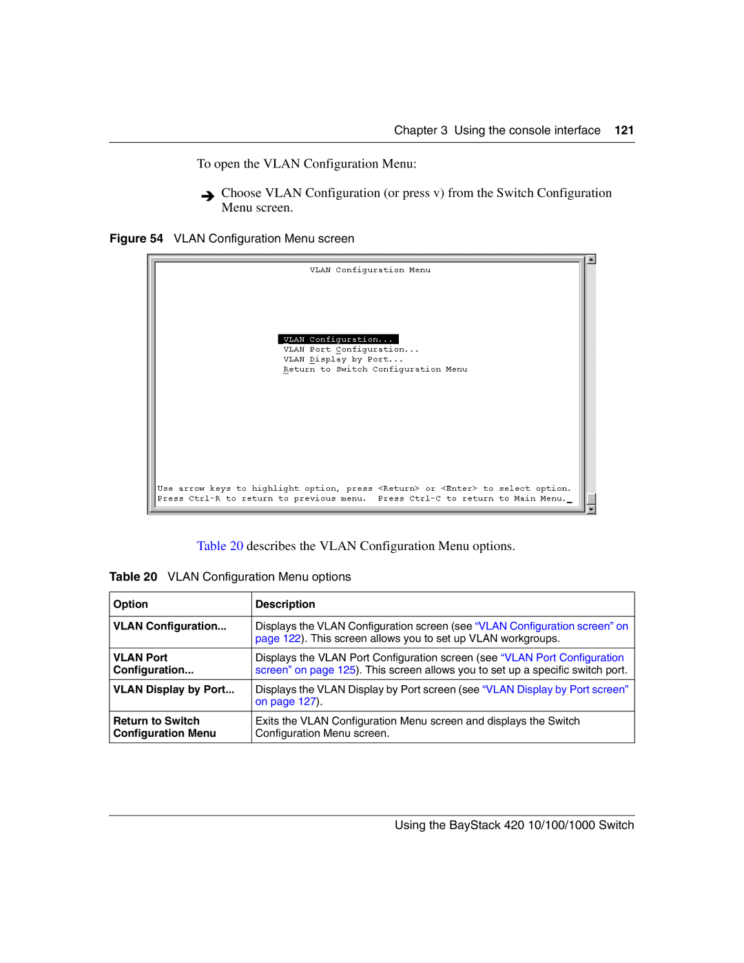 Nortel Networks 1000ASE-XD manual Describes the Vlan Configuration Menu options, Option Description Vlan Configuration 