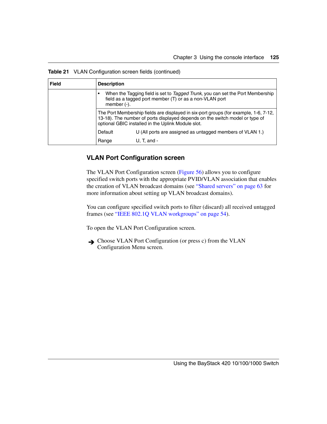 Nortel Networks 1000ASE-XD, 1000BASE-SX, 1000BASE-LX, 1000BASE-ZX manual Vlan Port Configuration screen 