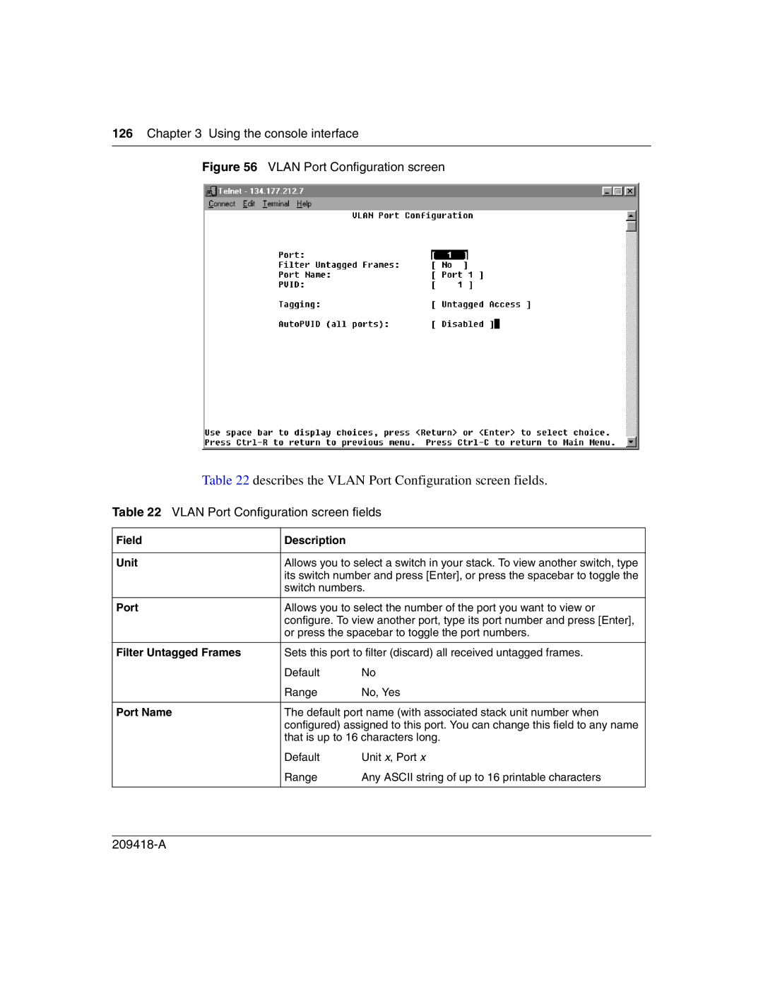 Nortel Networks 1000BASE-LX manual Describes the Vlan Port Configuration screen fields, Field Description Unit, Port Name 