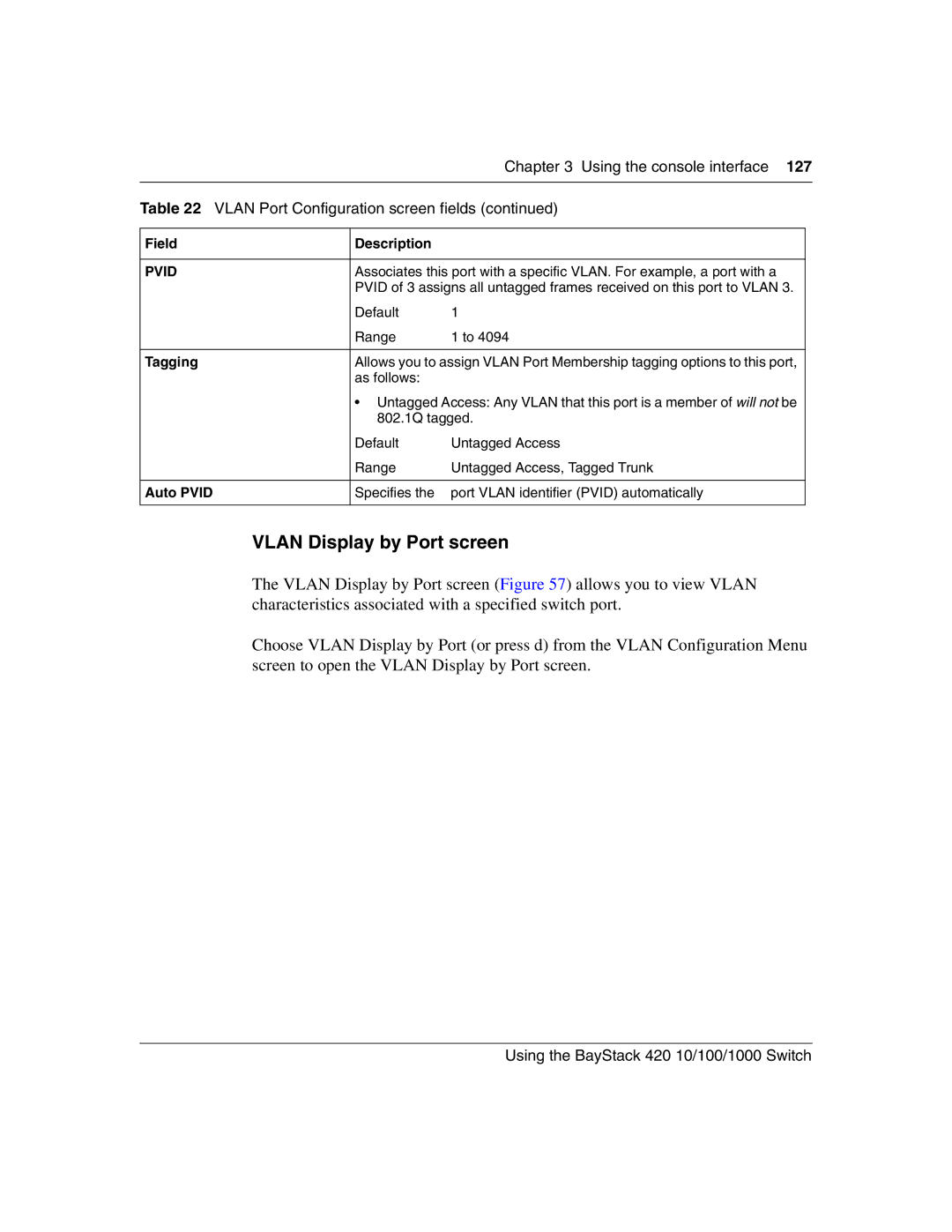 Nortel Networks 1000BASE-ZX, 1000BASE-SX, 1000ASE-XD, 1000BASE-LX manual Vlan Display by Port screen, Tagging, Auto Pvid 