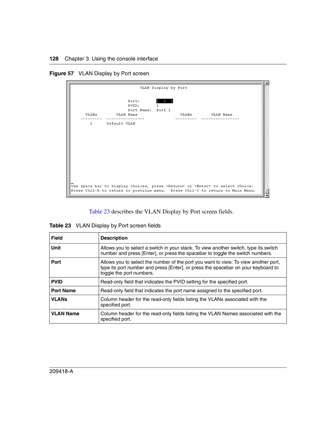 Nortel Networks 1000BASE-SX, 1000ASE-XD, 1000BASE-LX, 1000BASE-ZX Describes the Vlan Display by Port screen fields, VLANs 