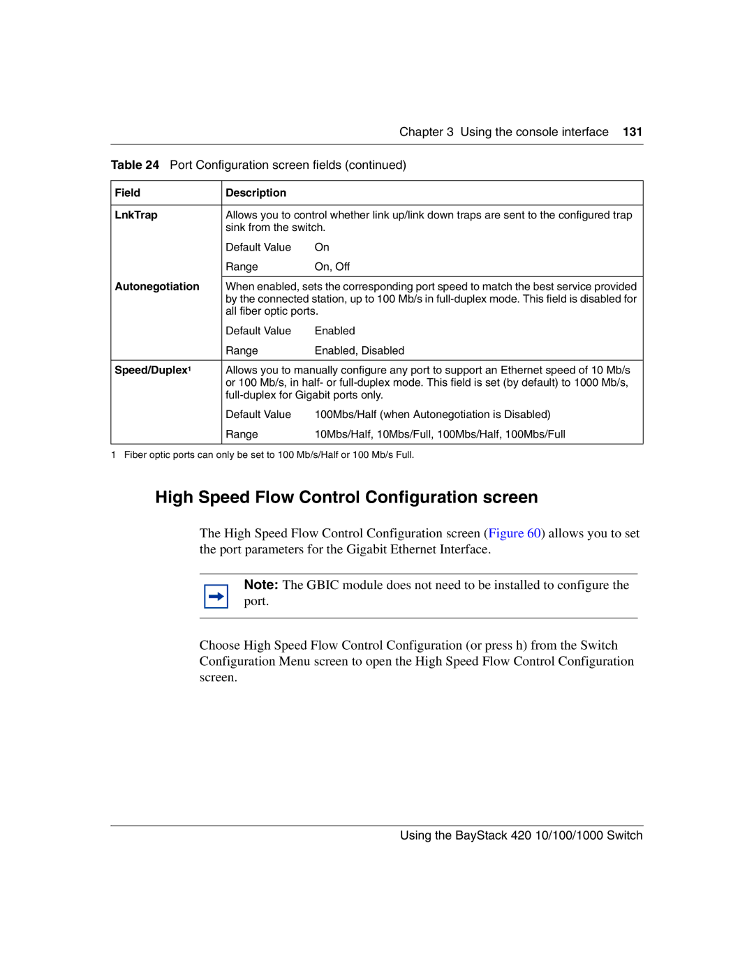 Nortel Networks 1000BASE-ZX manual High Speed Flow Control Configuration screen, Field Description LnkTrap, Autonegotiation 